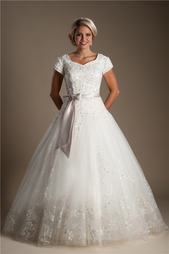 Ball Gown Sweetheart Cap Sleeve Lace Modest Wedding Dress With Bow Sash