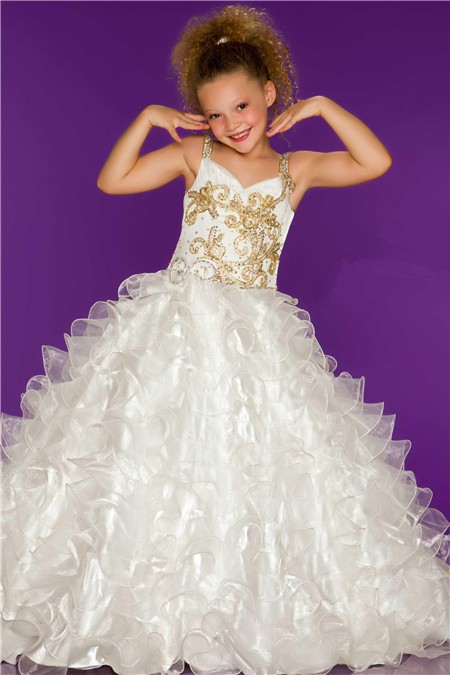 Ball Gown White Organza Ruffle Gold Beaded Little Flower Girl Party Prom Dress