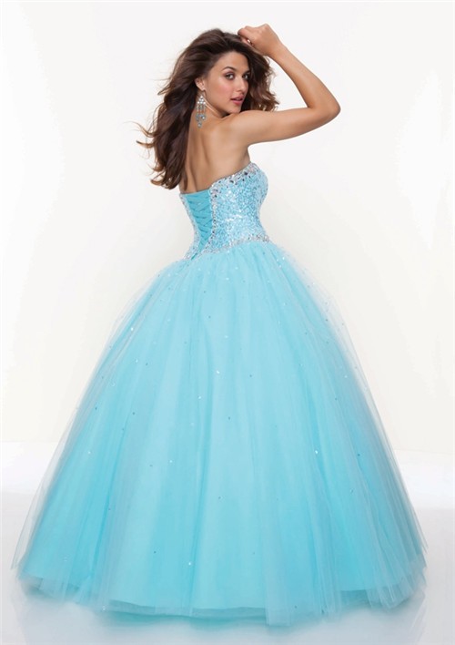Ball Gown sweetheart floor length blue tulle prom dress with sequins