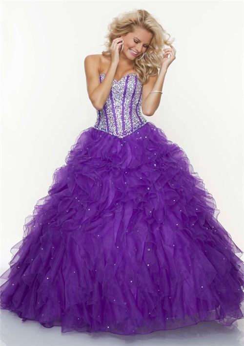 Ball Gown sweetheart floor length purple beaded prom dress with ruffles