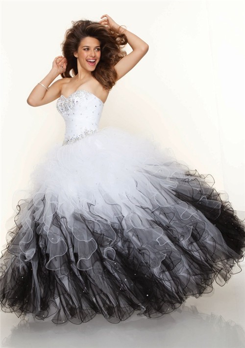 Ball Gown sweetheart floor length white black multi color prom dress with ruffles