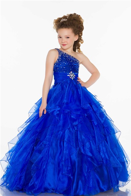 Ball One Shoulder Royal Blue Beaded Organza Ruffle Little Girl Evening Prom Dress