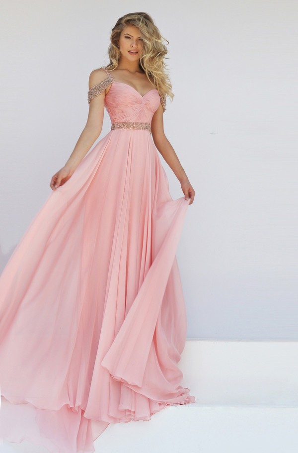 Charming Off The Shoulder Long Blush Pink Chiffon Flowing Prom Dress