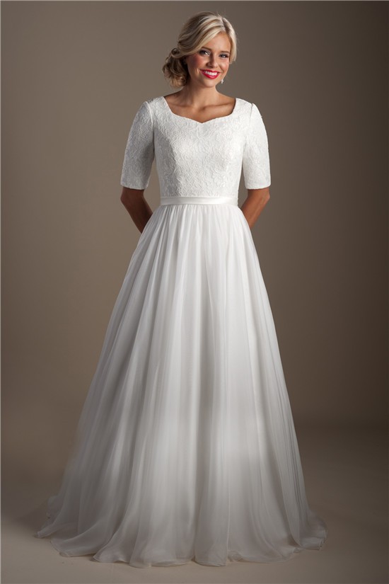 Classic A Line Short Sleeve Lace Chiffon Modest Wedding Dress With Sash