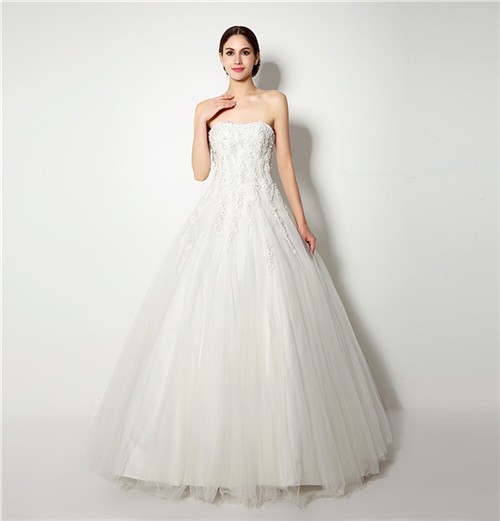 Classic Ball Gown Strapless Tulle Applique Corset Wedding Dress With Flowers