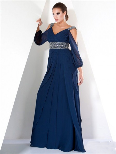 Classy A Line Off The Shoulder Long Navy Blue Women Evening Dress With Sleeve