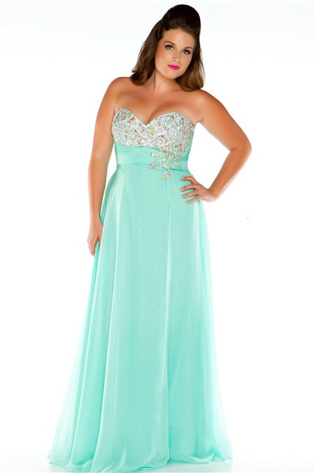 Cool A Line Strapless Long Mint Green Chiffon Beaded Plus Size Party Prom Dress