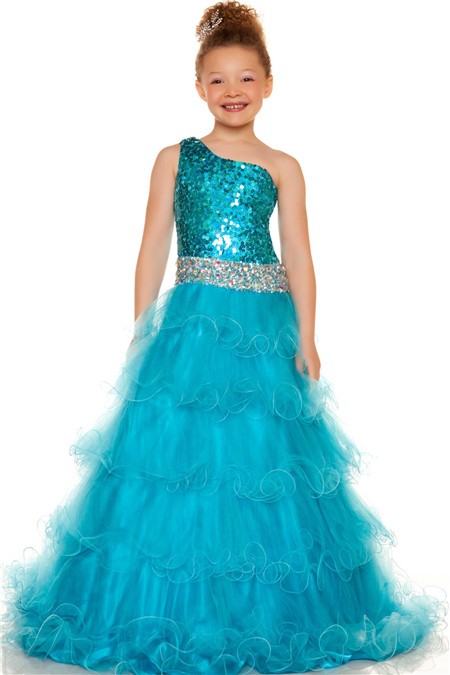 Cute A Line One Shoulder Blue Turquoise Sequin Tulle Girl Evening Party Dress