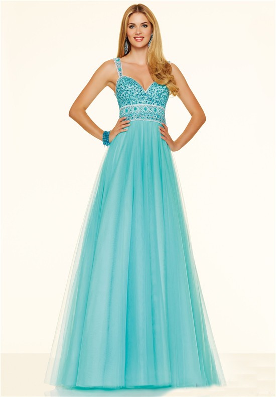 Cute A Line Sweetheart Open Back Long Aqua Tulle Beaded Prom Dress With Straps