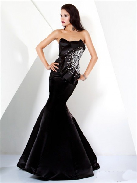 Designer Mermaid Strapless Long Black Satin Beaded Evening Wear Dress