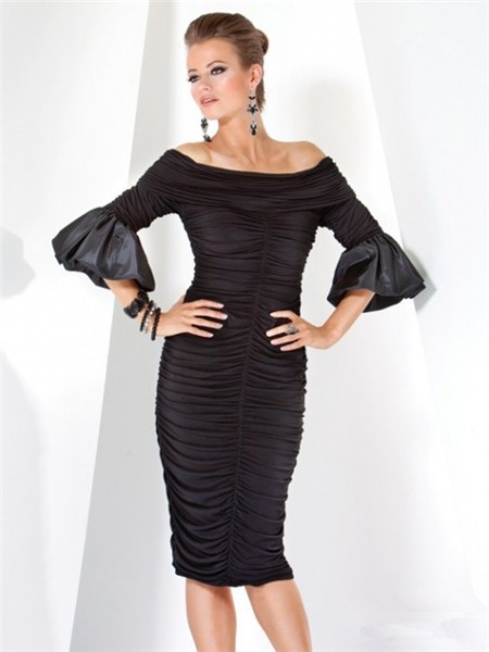 Designer Tight Off Shoulder Short Black Jersey Evening Dress With Sleeves
