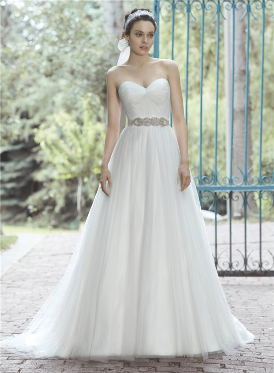 Elegant A Line Sweetheart Tulle Ruched Wedding Dress With Crystals Sash
