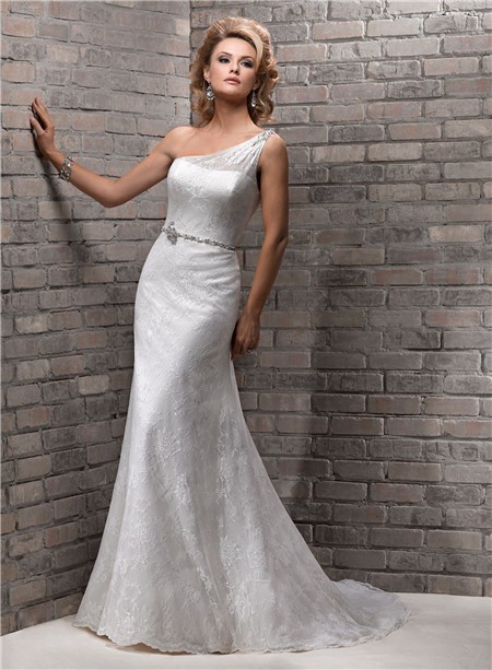 Elegant Sheath One Shoulder Lace Wedding Dress With Swarovski Crystal Belt