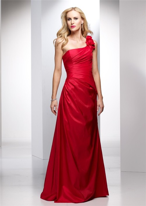 Elegant Sheath One Shoulder Long Red Taffeta Summer Wedding Guest Dress