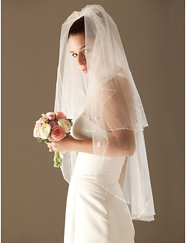Elegant Two Layer Tulle Wedding Bridal Veil With Beaded