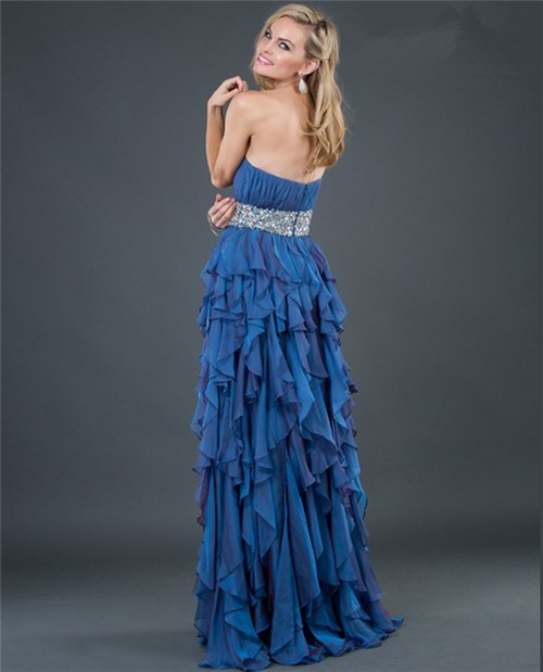 Elegant sheath strapless long royal blue beading chiffon evening dress with ruffles