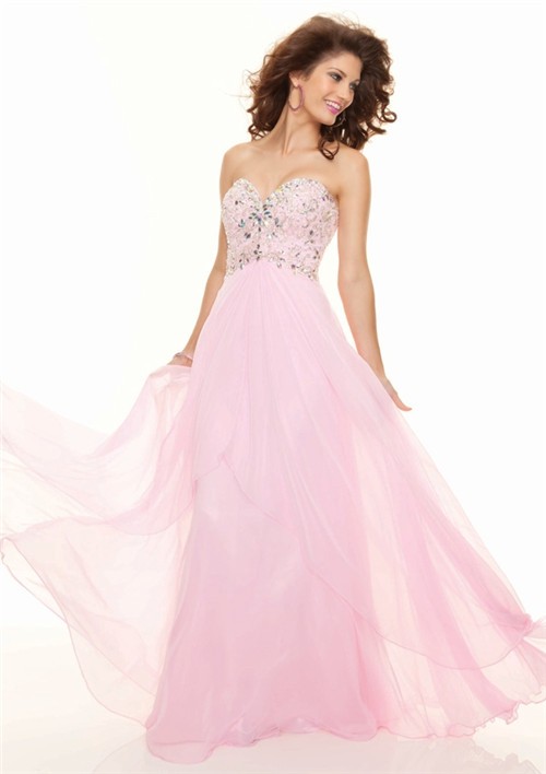 Elegant sheath sweetheart floor length pink chiffon prom dress with beading