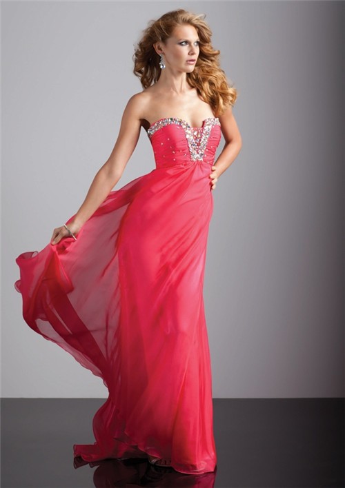 Elegant sheath sweetheart long red chiffon prom dress with beading