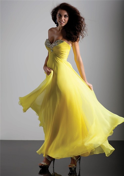 Elegant sheath sweetheart long yellow chiffon prom dress with beading