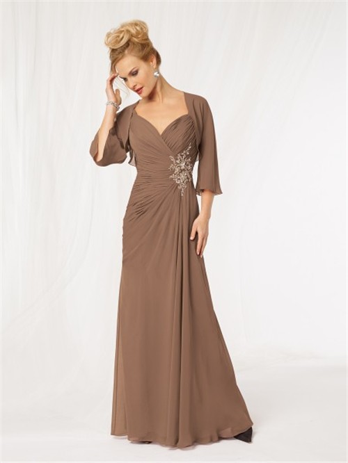 Elegant spaghetti strap long brown chiffon beaded mother of the bride dress with jacket