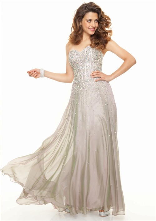Elegant sweetheart floor length silver chiffon prom dress with beads