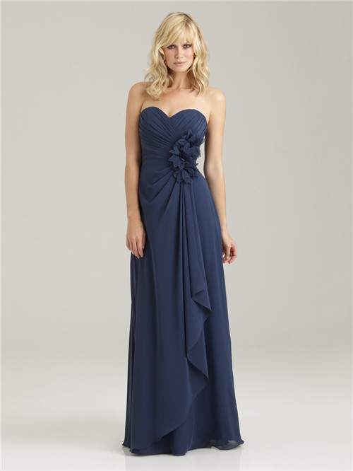 Elegant sweetheart long navy blue chiffon bridesmaid dress with ruffles and flowers