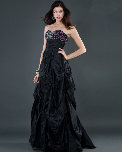 Empire sweetheart long black beaded taffeta evening dress