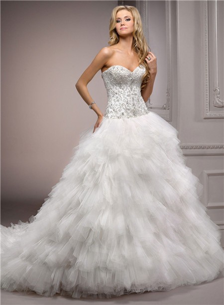 Fairy Ball Gown Sweetheart Puffy Tulle Satin Embroidery Beaded Wedding Dress
