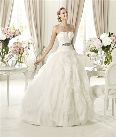 Fairy Princess Ball Gown Sweetheart Feather Layered Organza Wedding Dress With Belt