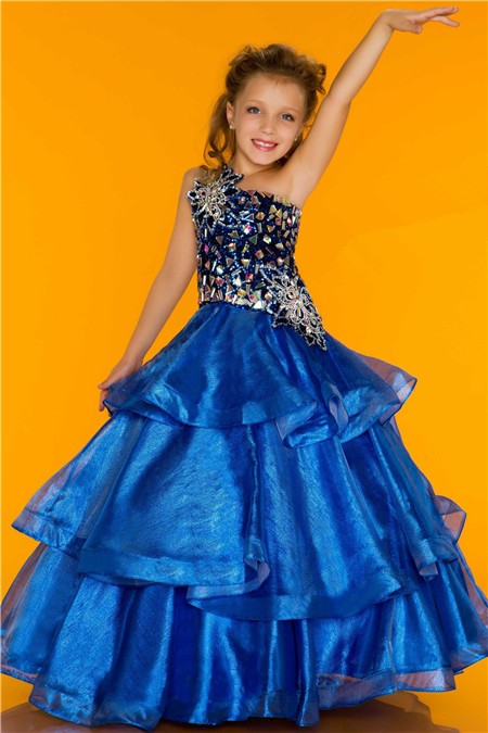 Fantastic One Shoulder Royal Blue Organza Tiered Beaded Crystal Flower Girl Pageant Dress