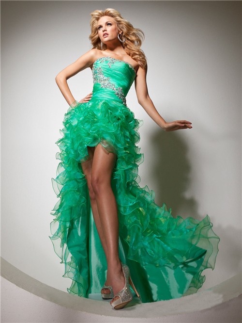 Fashion Strapless High Low Emerald Green Organza Prom Dress With Ruffles Beading