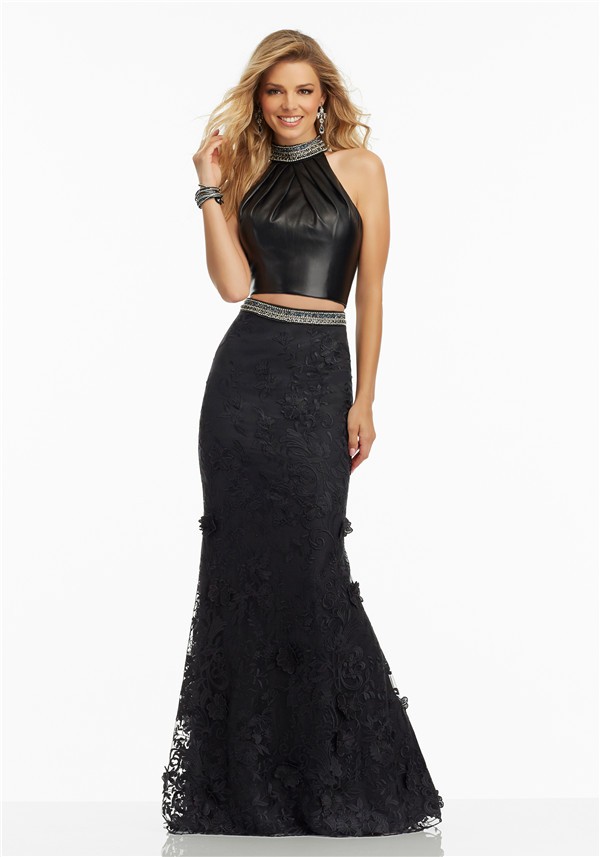 Fitted Halter Open Back Two Piece Black Leather Lace Prom Dress