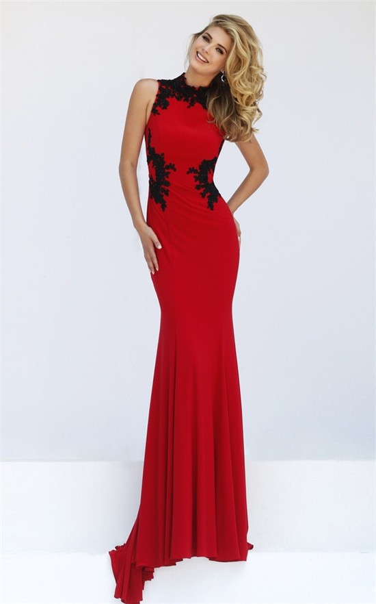 Fitted Hight Neck Sleeveless Red Jersey Black Lace Evening Prom Dress