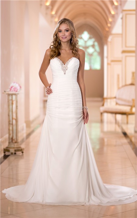 Fitted Sweetheart Chiffon Ruched Corset Wedding Dress Sweep Train
