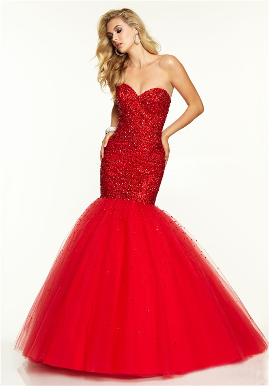 Flare Mermaid Sweetheart Red Tulle Beaded Prom Dress Corset Back