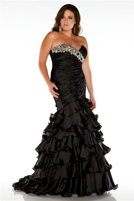 Formal Mermaid Strapless Long Black Ruffles Beaded Plus Size Evening Prom Dress