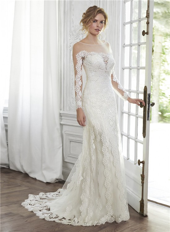 Glamour Mermaid Illusion Neckline V Back Long Sleeve Tulle Lace Wedding Dress