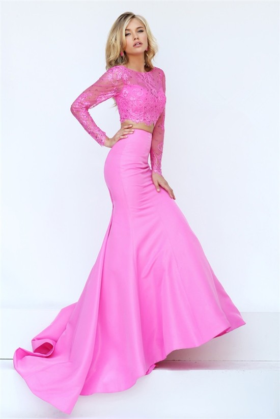 Gorgeous Mermaid Two Piece Pink Satin Lace Beaded Prom Dress With Long Sleeves
