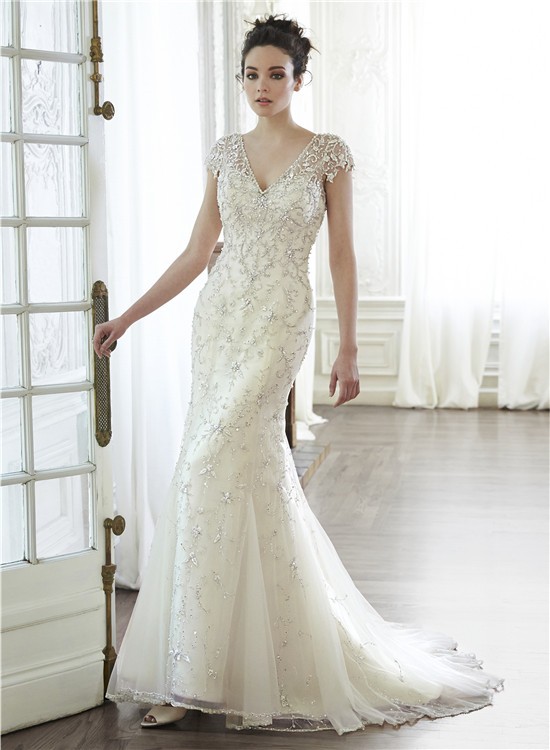 Gorgeous Mermaid V Neck Cap Sleeve Low Back Embroidery Tulle Beaded Wedding Dress