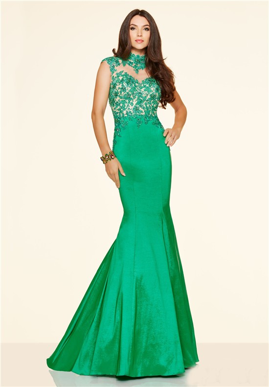 Mermaid High Neck Backless Green Taffeta Lace Prom Dress With Collar