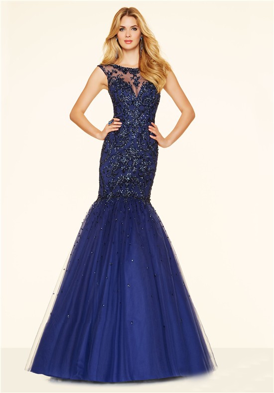 Mermaid Illusion Neckline Backless Navy Blue Tulle Beaded Prom Dress