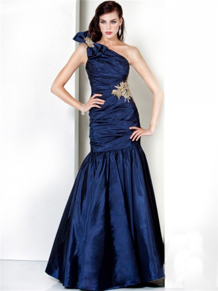Mermaid One Shoulder Long Navy Blue Ruched Taffeta Evening Dress With Bow
