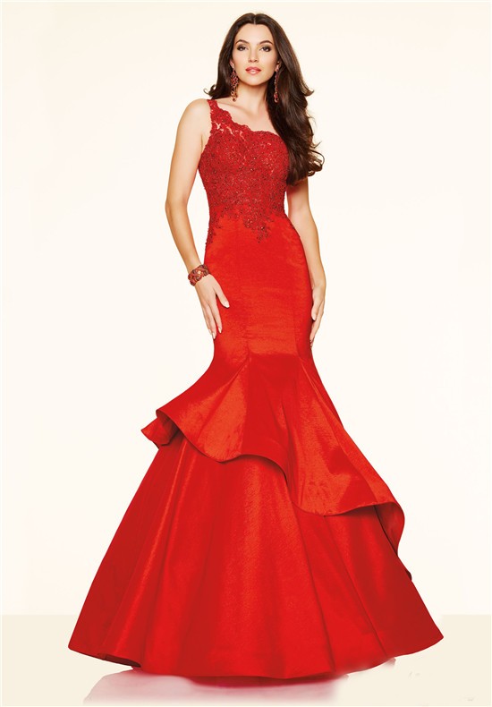 Mermaid One Shoulder Red Lace Taffeta Ruffle Evening Prom Dress