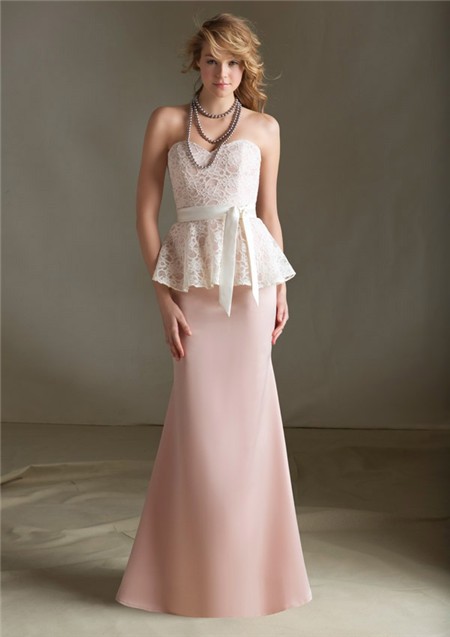 Mermaid Sweetheart Long Light Pink Satin Lace Peplum Bridesmaid Dress With Sash