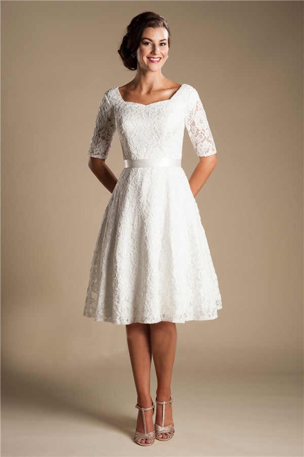 Modest A Line Short Sleeve Lace Corset Wedding Dress With Sash