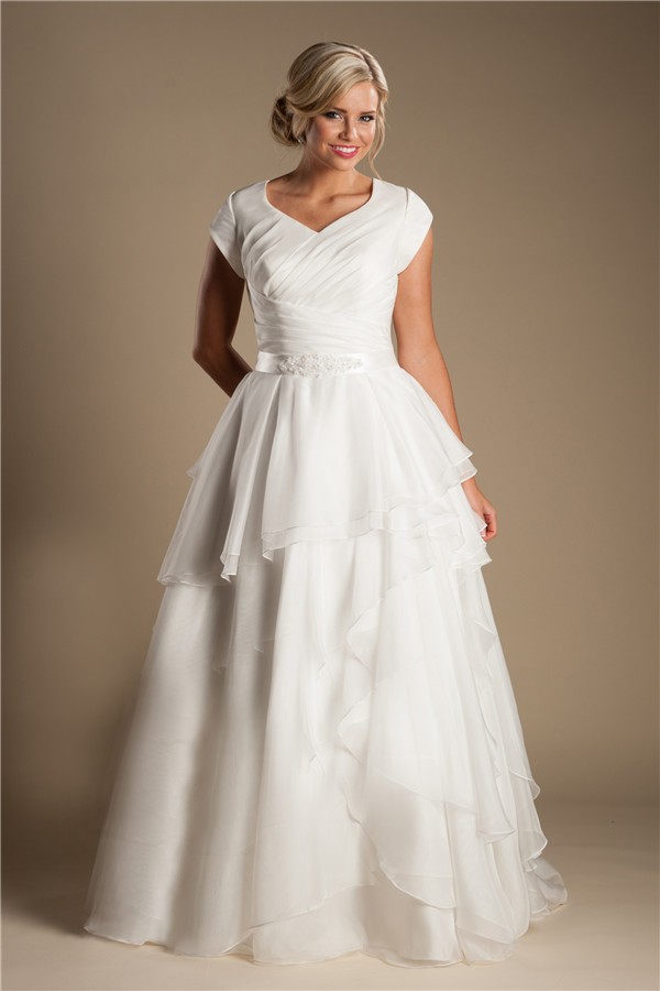 Modest A Line Sleeve Organza Ruffle Layered Wedding Dress With Sash