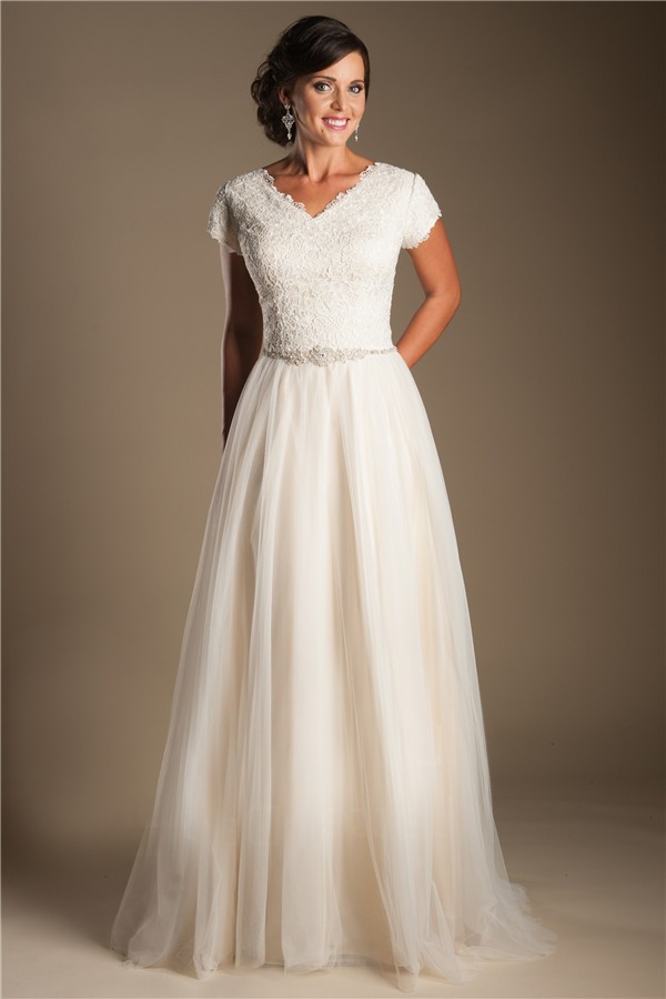 Modest A Line V Neck Champagne Tulle Lace Wedding Dress With Sleeves