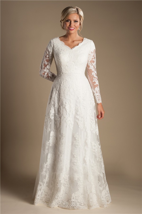 Modest A Line V Neck Long Sleeve Ivory Lace Wedding Dress With Buttons