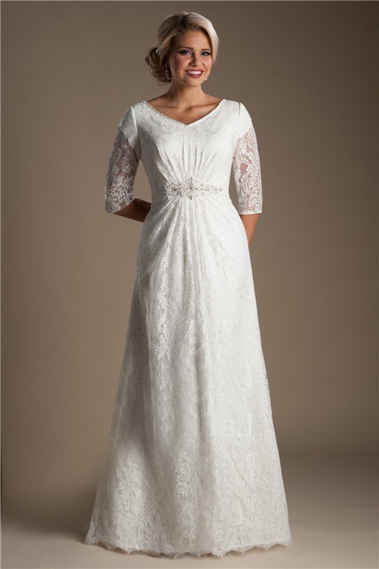 Modest A Line V Neck Three Quarter Sleeve Lace Beaded Wedding Dress