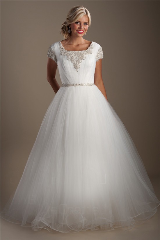 Modest Ball Gown Square Neck Cap Sleeve Tulle Beaded Crystal Wedding Dress